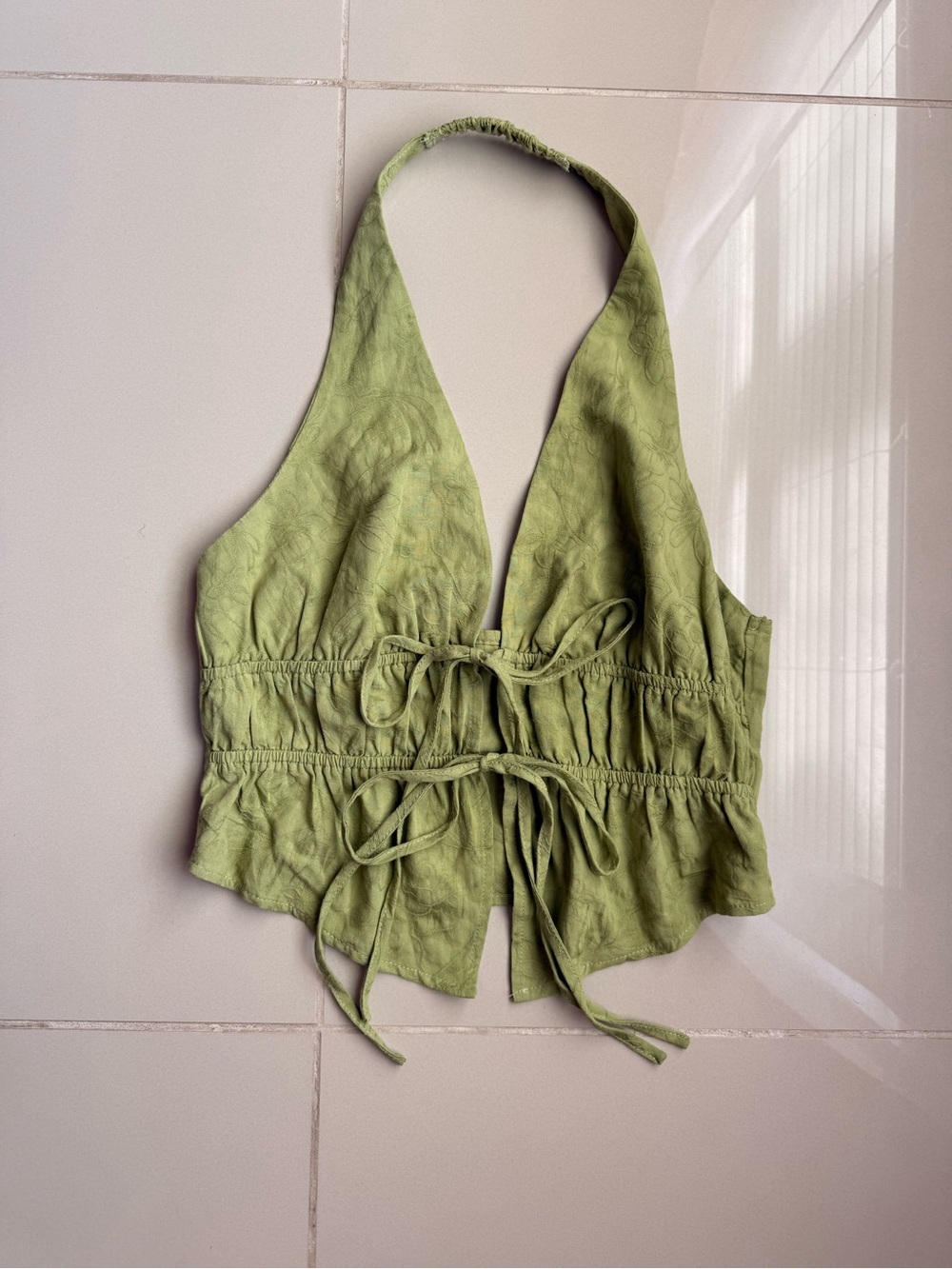 Cider Sage Green Halter Crop Top – 100% Cotton Textured Floral, Tie Waist Size M